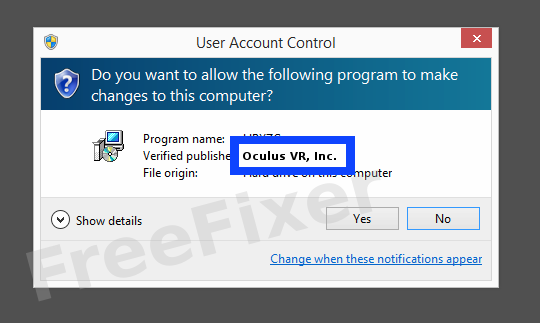 Screenshot where Oculus VR, Inc. appears as the verified publisher in the UAC dialog